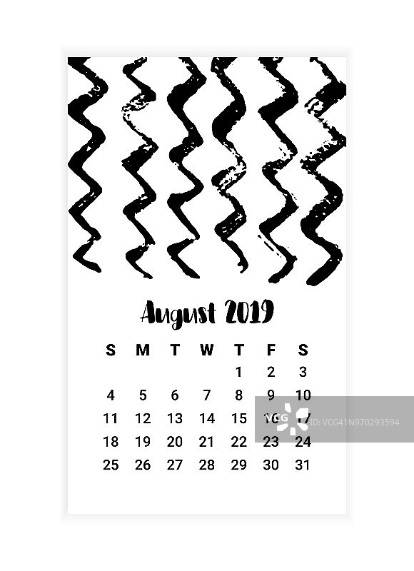 手绘日历2019年8月概念设计。矢量图图片素材
