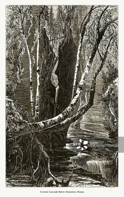 美国纽约沃特金斯峡谷山屋下的洞穴瀑布，美国维多利亚版画，1872年图片素材