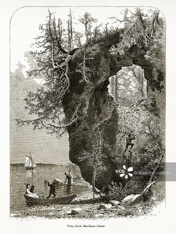 仙女拱门，美国密歇根州麦基诺岛，美国维多利亚版画，1872年图片素材