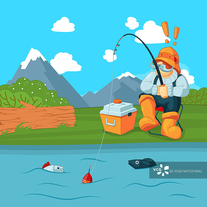 矢量渔民与钓鱼路捉鱼在山景观背景概念插图图片素材