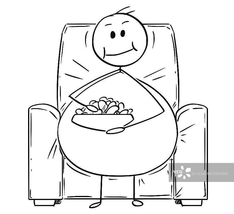 卡通肥胖或超重的人坐在扶手椅上，看电视和吃图片素材