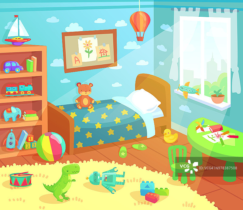 卡通儿童卧室内部。家儿童房间儿童床，儿童玩具和光线从窗口矢量插图图片素材