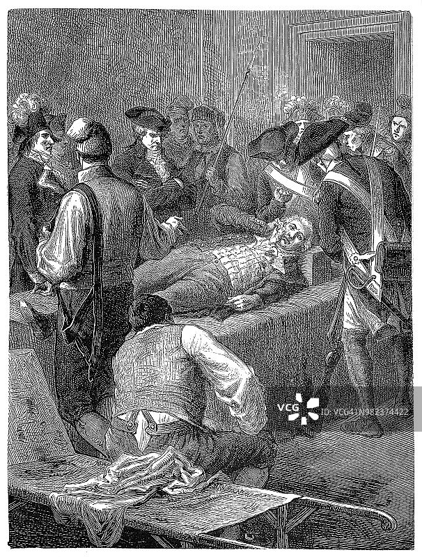 受伤的马克西米利安·罗伯斯庇尔在公共安全委员会等待处决(1794年图片素材