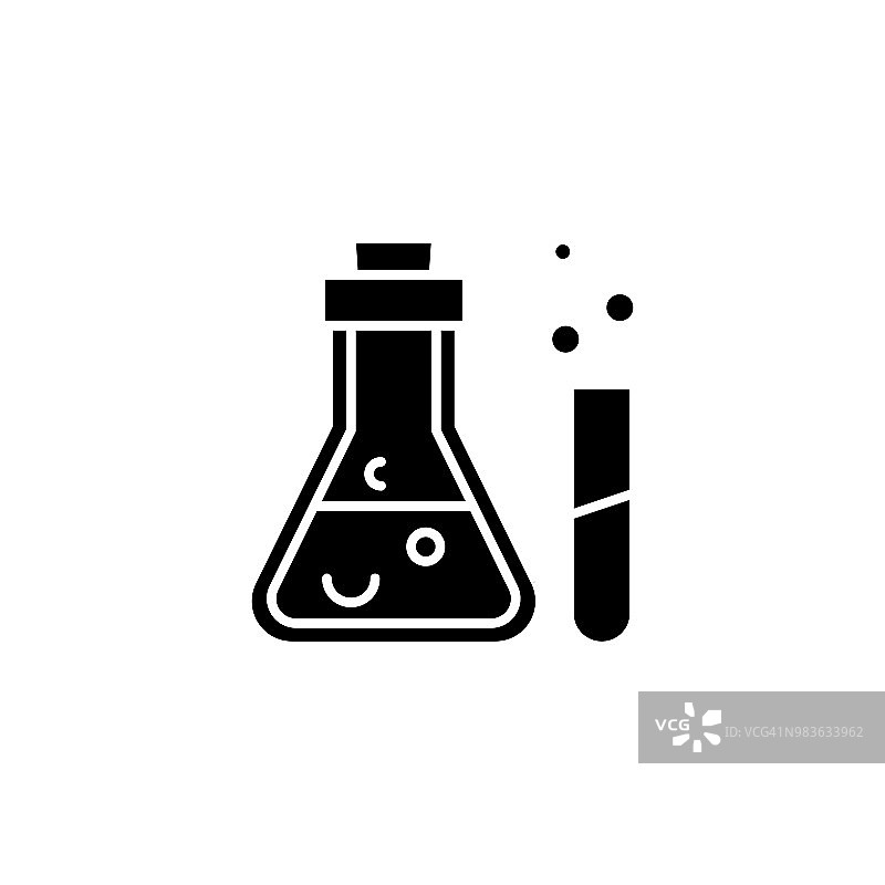 化学分析黑色图标概念。化学分析平面矢量符号、符号、插图。图片素材