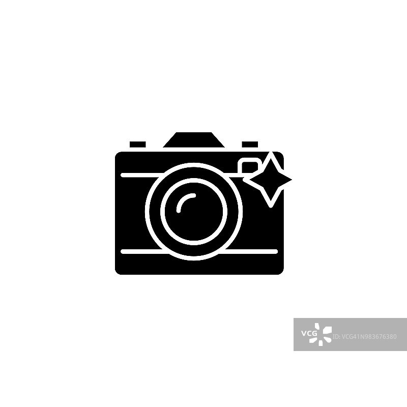 照片相机黑色图标概念。照片相机平面矢量符号、符号、插图。图片素材