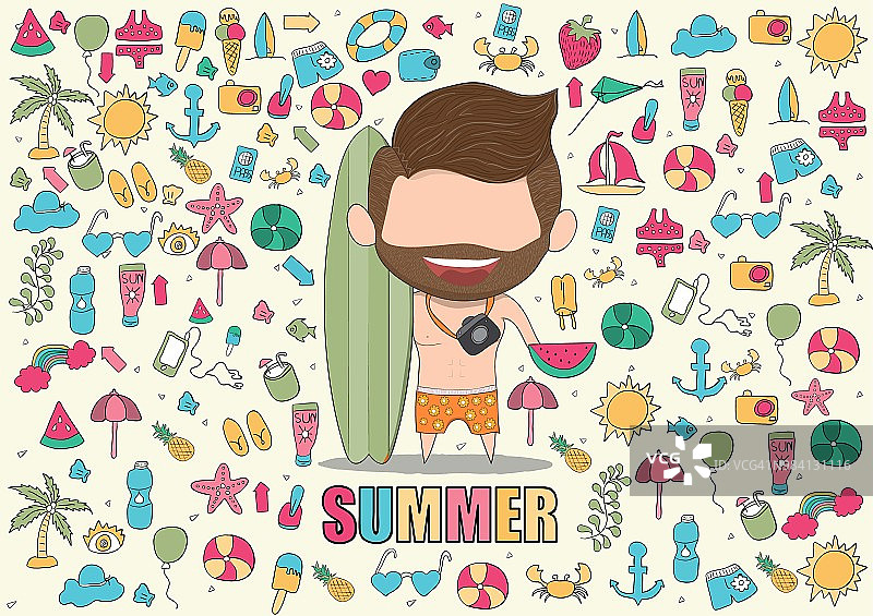 矢量插图的一个快乐的脸与胡子的男人夏季符号和物体。一个平衡生活假期在海上的概念，手绘矢量。图片素材
