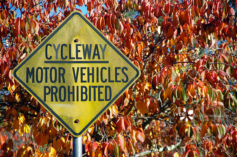 自行车道上的“自行车道:禁止机动车通行”标志图片素材