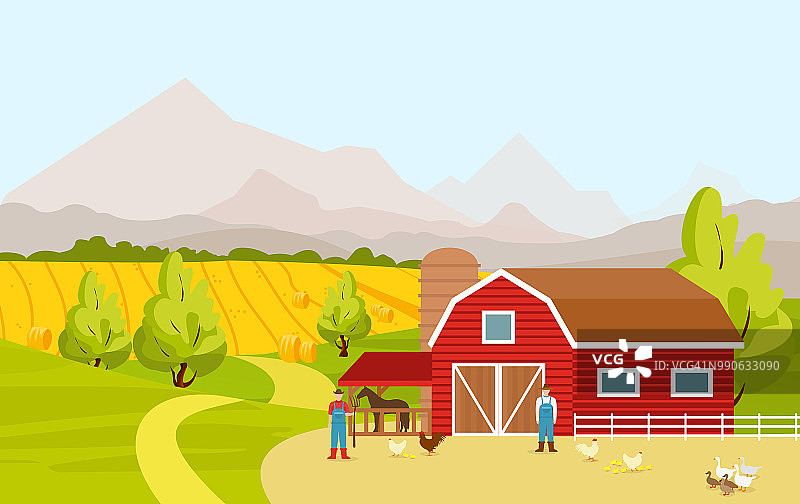 以红色农场谷仓、田野、人和农场动物为背景的山地乡村景观矢量插画，以卡通平面设计。图片素材