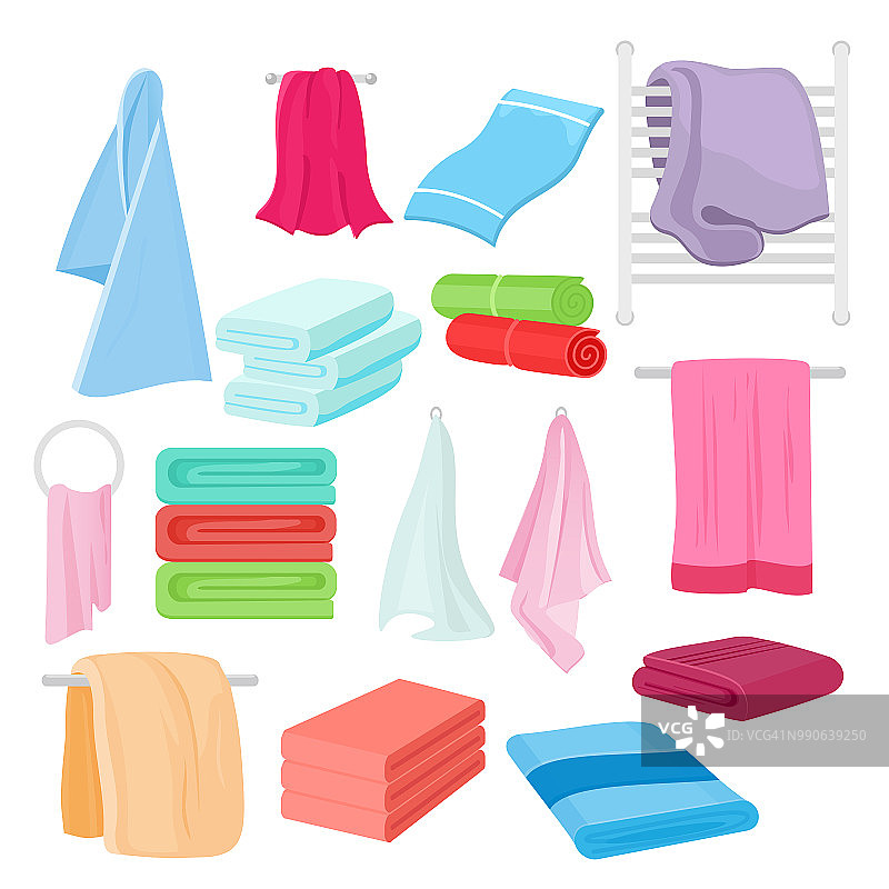 矢量平面插图一套卡通毛巾在不同的颜色和形状。浴巾布。图片素材