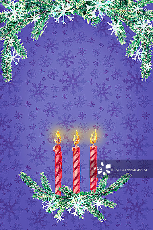 用冷杉树枝和蜡烛装饰的圣诞卡。圣诞水彩插图与文字空间。图片素材