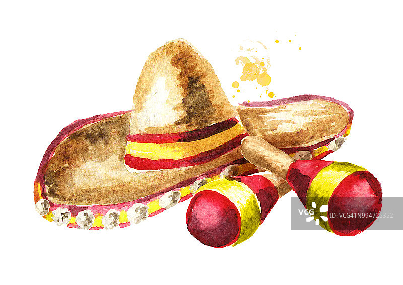 五月五日节帽和墨西哥沙槌组成。手绘水彩插图，孤立的白色背景图片素材