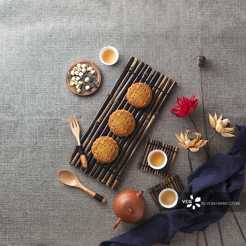 传统的中秋节月饼下午茶。图片素材
