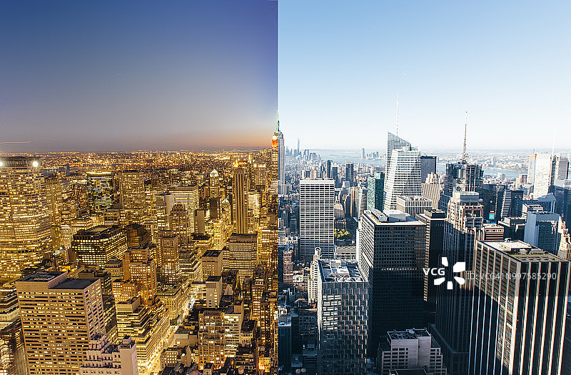 鸟瞰图的夜晚和白天的变化在纽约市，纽约，美国图片素材