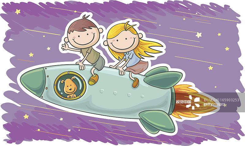 小男孩和小女孩乘宇宙飞船旅行图片素材
