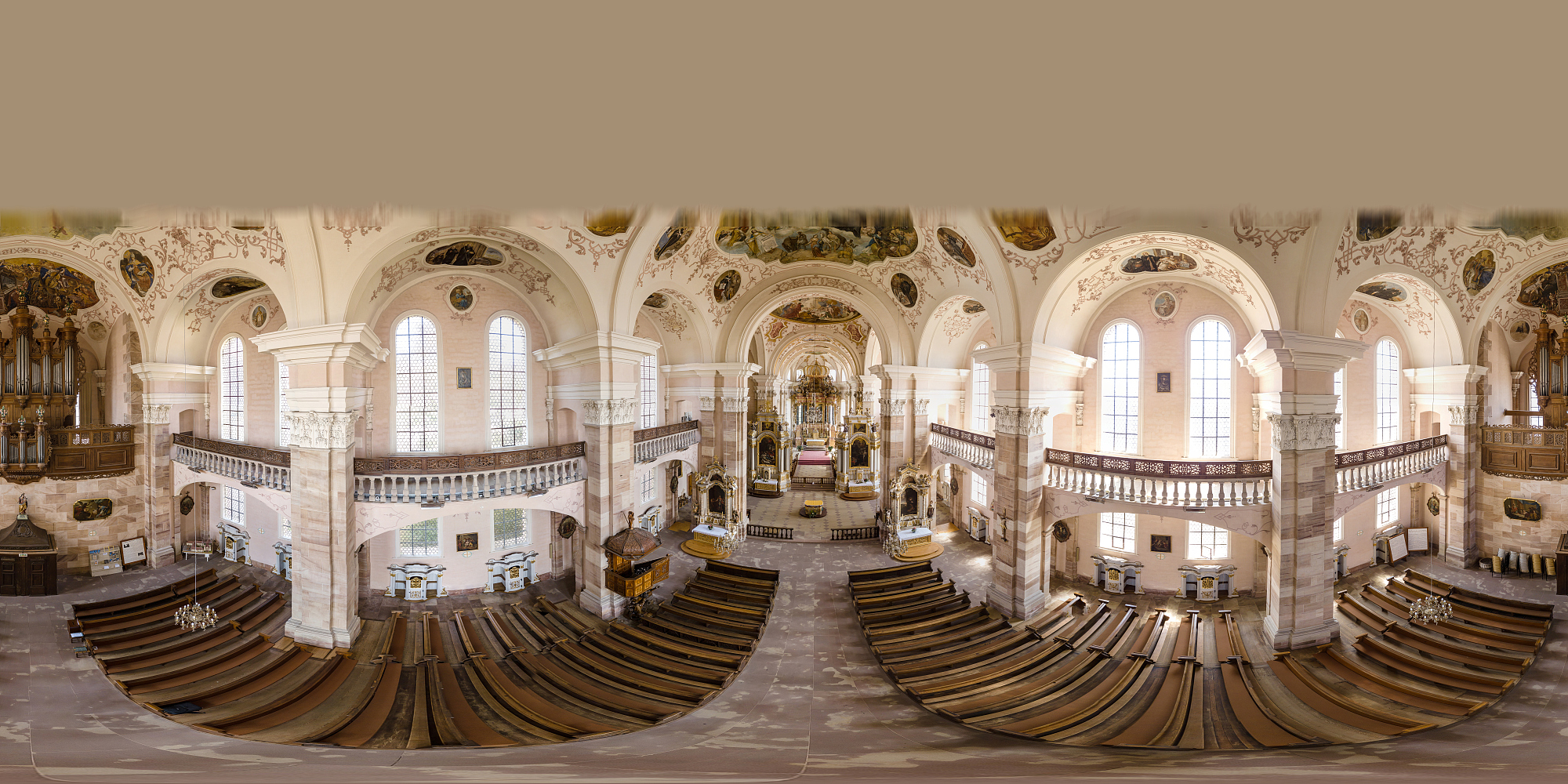 从无人机到Ebersmunster教堂内部的360度全景鸟瞰图。阿尔萨斯,法国图片下载