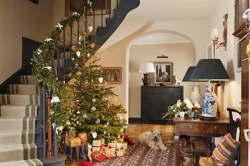 传统乡村别墅的开放式门厅，装饰有圣诞树和楼梯栏杆上的花环图片下载
