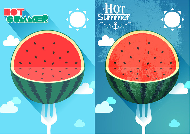 夏季主题插画-平面风格和复古风格的对比图片
