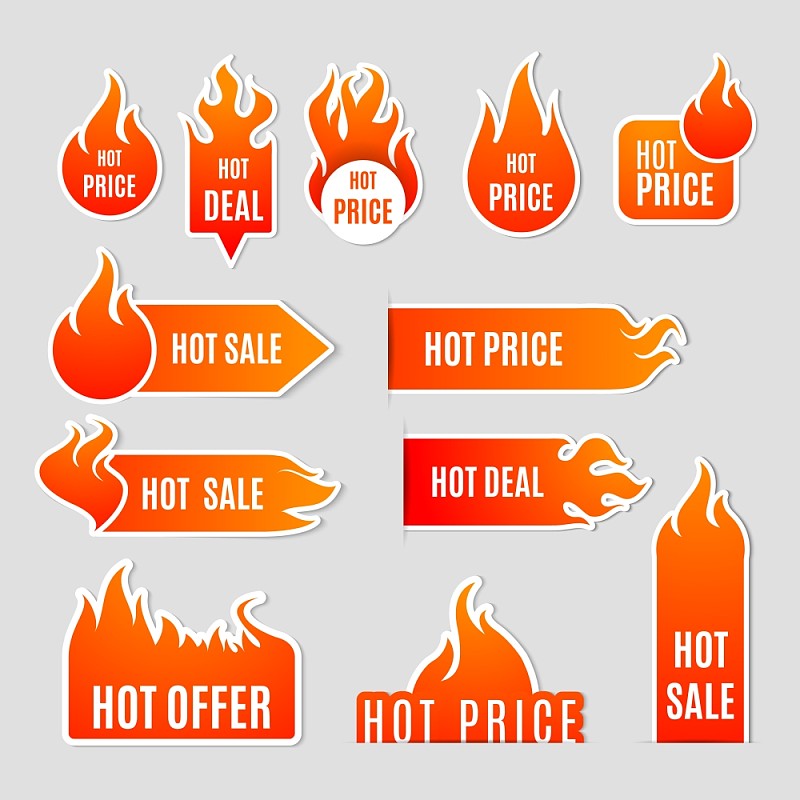 Fire Sale Flat Icon Set。火和火焰销售清除和热门交易文本标签平面图标设置孤立矢量插图图片下载