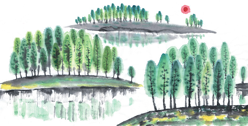 风景水墨画湖边的树林图片下载