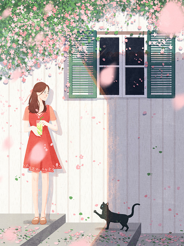 女孩站着靠墙花草叶子喝饮料黑猫小清新插画下载