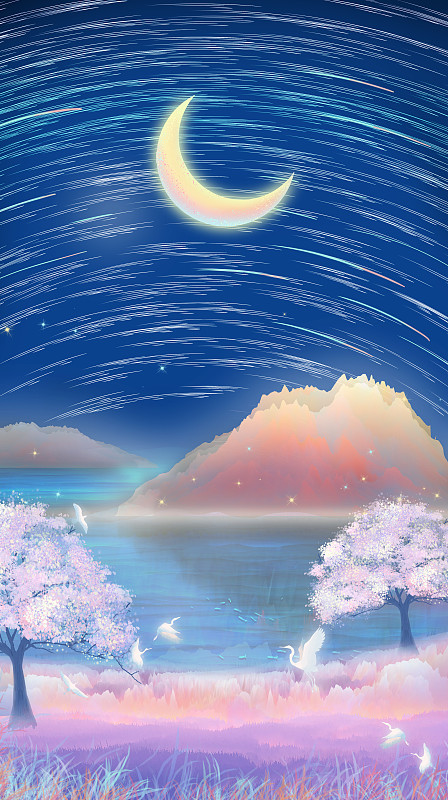 璀璨星空下平静湖面泛起雾气仙鹤在樱花树下图片