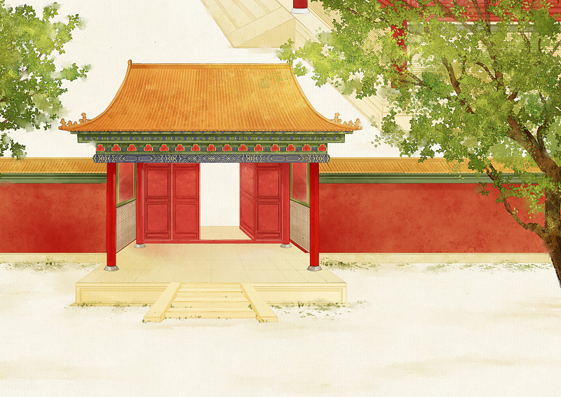 中国风水墨古风建筑宫殿插画下载