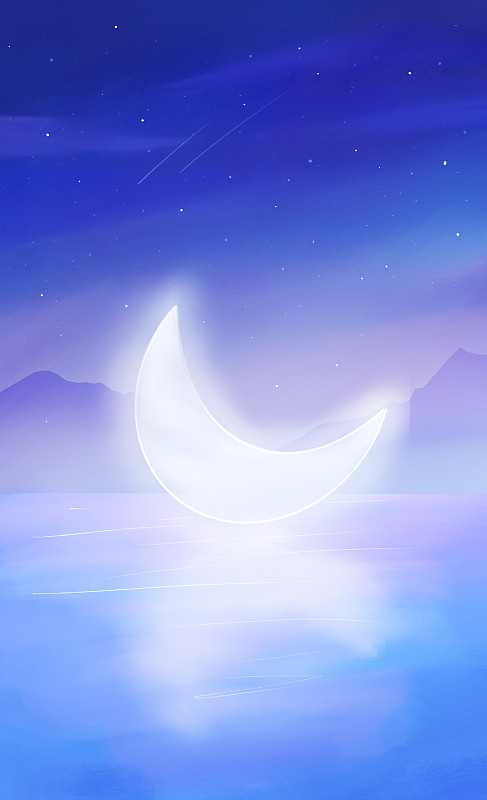 月亮倒映在水面上手绘梦幻插画下载