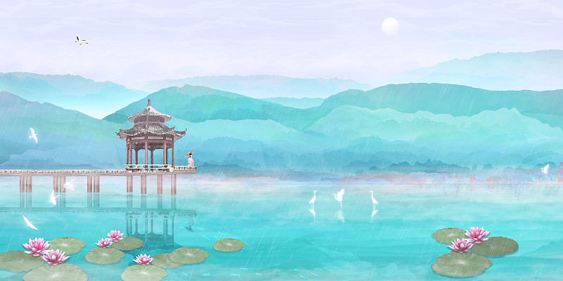 夏天细雨荷花在池塘盛开少女旅游中国风山水水墨插画背景海报下载