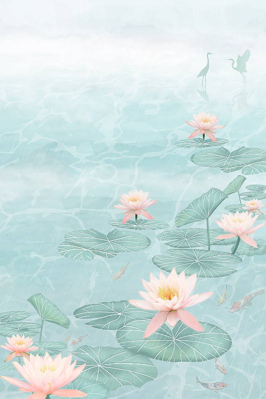 下雨天荷花在池塘里绽放锦鲤在游泳中国风工笔画海报背景插画下载