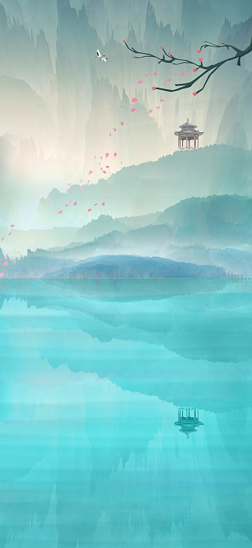 山坡上有一座亭子，鲜花随风飘落到湖面中国风山水插画背景海报下载