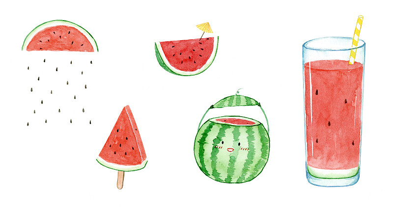 水彩手绘 夏天西瓜冰棍饮料美食元素插画图片
