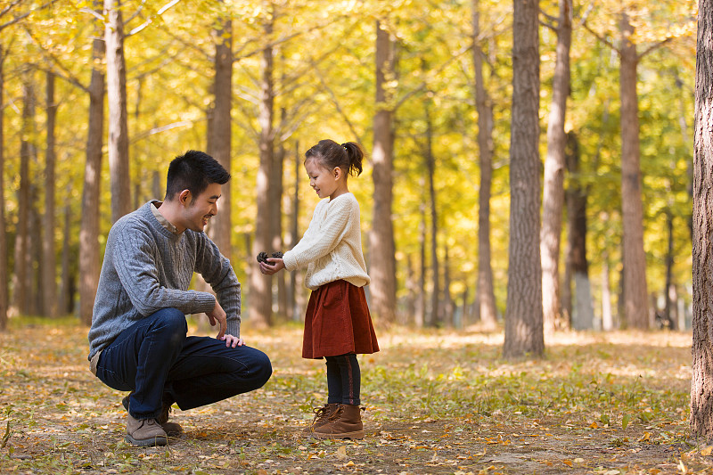父亲和女儿在秋天的树林里玩耍嬉戏图片下载