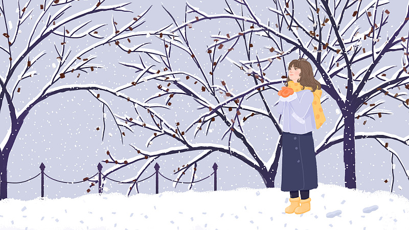 冬天仰望天空接雪花的少女节气手绘插画下载