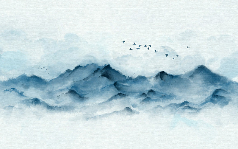 蓝色水墨山水插画 中国风山水画图片
