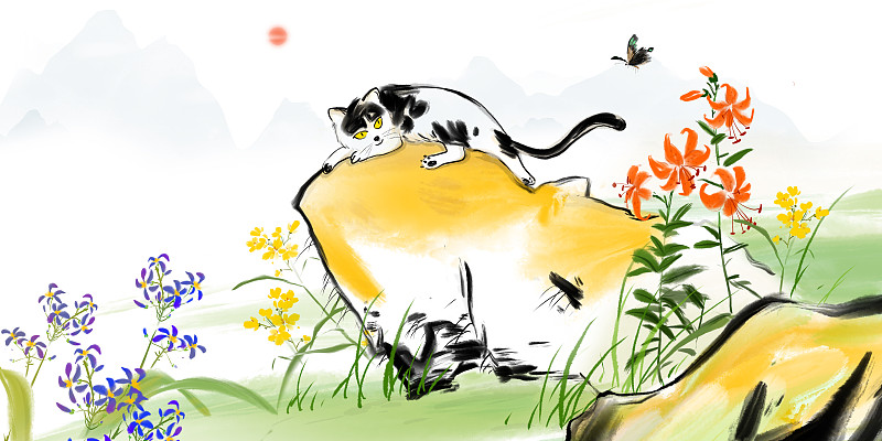 夏天猫和蝴蝶在花园里水彩插画图片