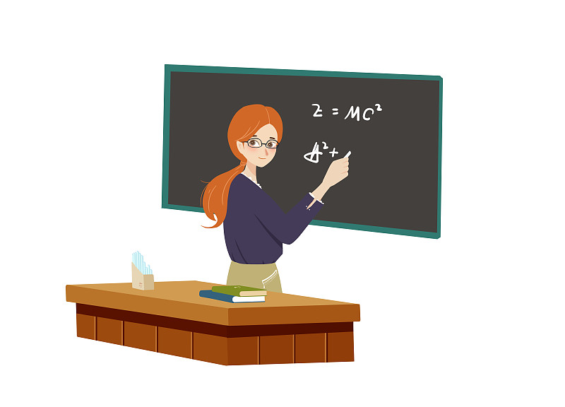 年轻的教师在黑板上写数学题 课堂上讲课的老师插画下载
