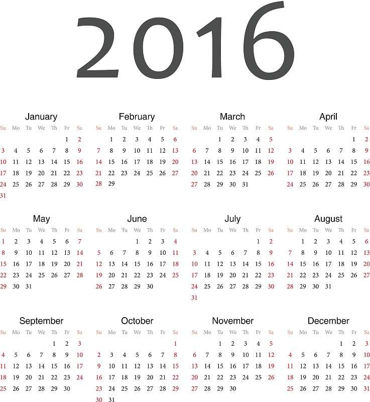日历在2016年与周开始