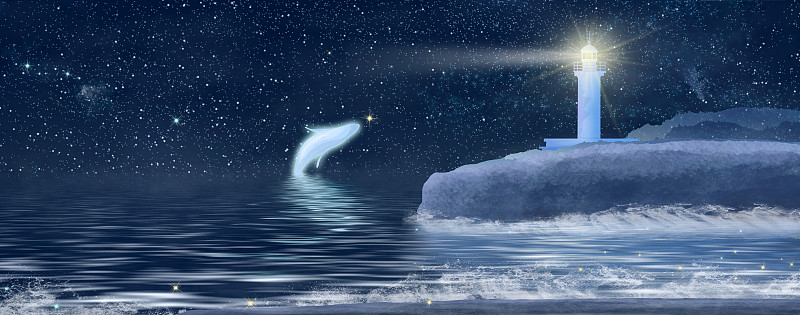 夜晚的星空下星星在闪烁，灯塔照耀远方为迷航的船只指引方向插画图片