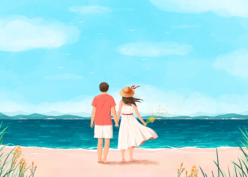 夏日一起的海边插画下载
