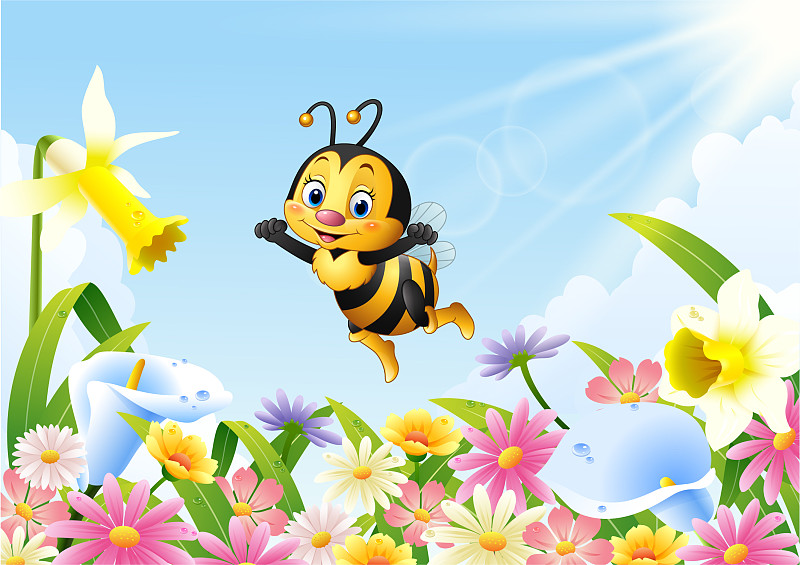 卡通蜜蜂飞过花田图片