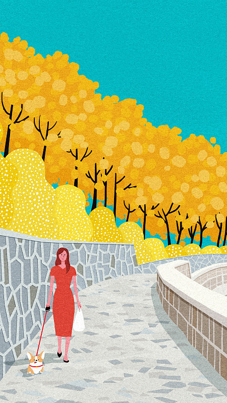 秋天植物石桥风景遛狗扁平风图片素材