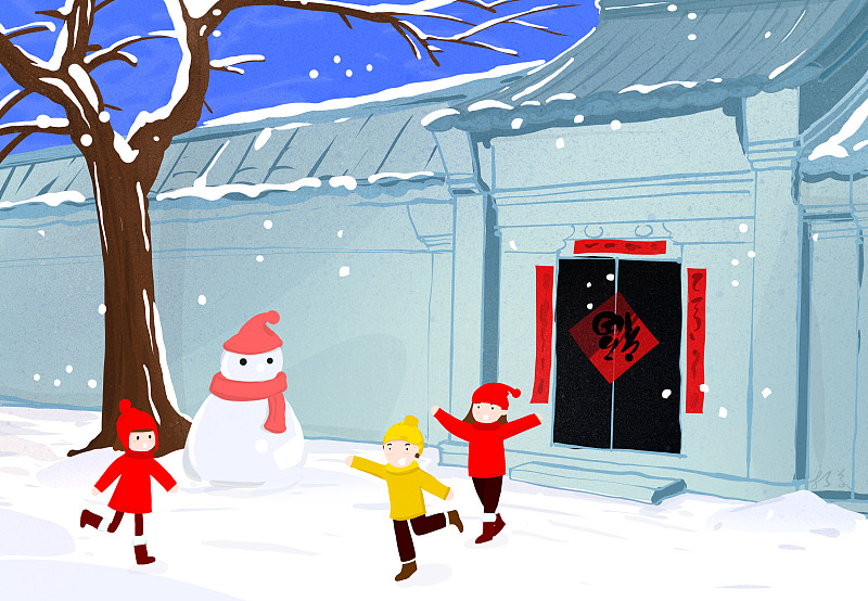 台历12月系列节日插画一月春节北京胡同堆雪人的小孩下载