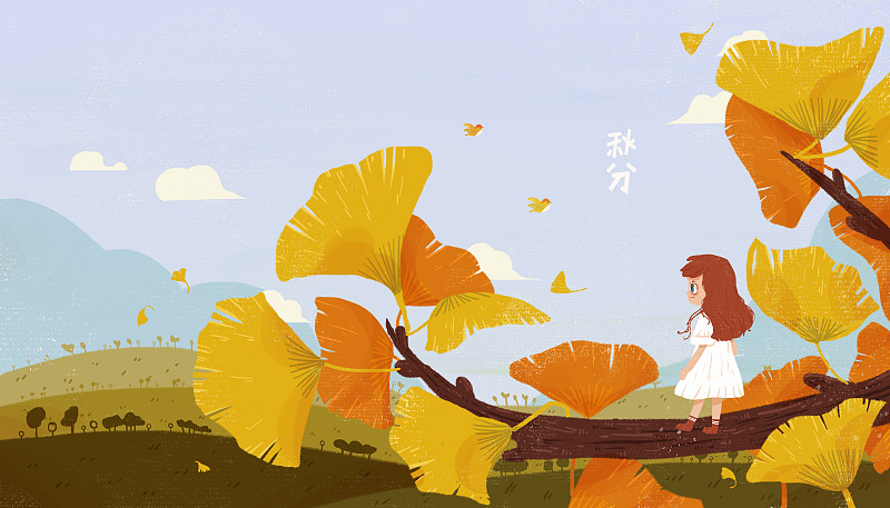 二十四节气秋分插画 银杏树上眺望远方的精灵女孩图片