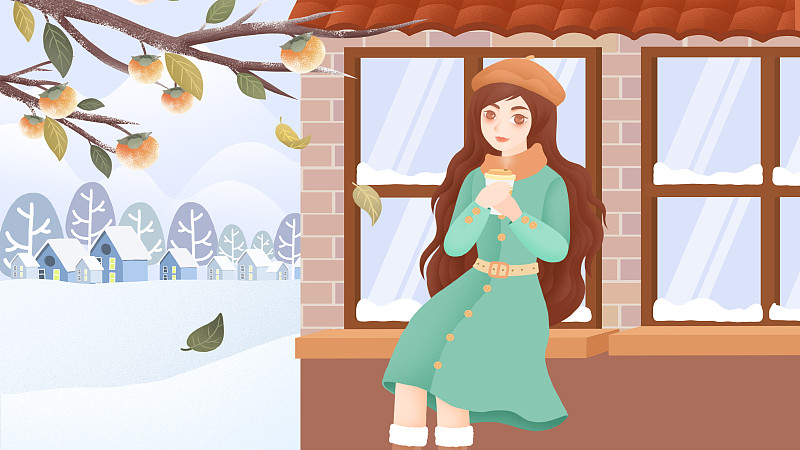 下雪的冬天在屋檐下喝热饮的女孩插画下载