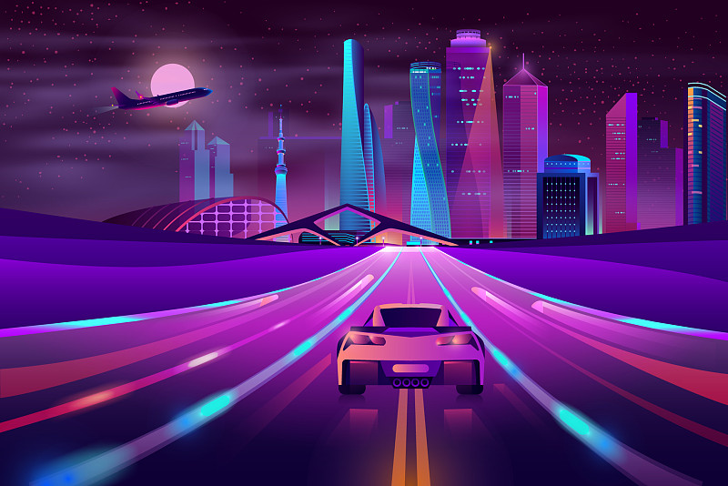 未来都市公路霓虹卡通图片下载