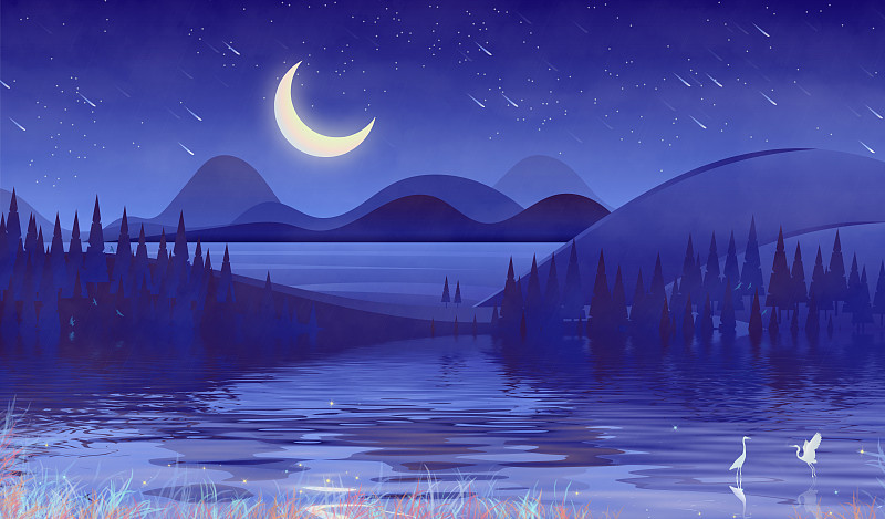 美丽夜晚星空下的原始森林格外宁静，几只小鸟飞过河面插画背景下载