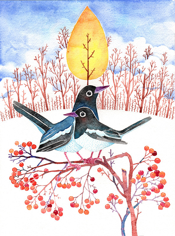 唯美水彩手绘插画-冬天在树枝上的两只喜鹊下载