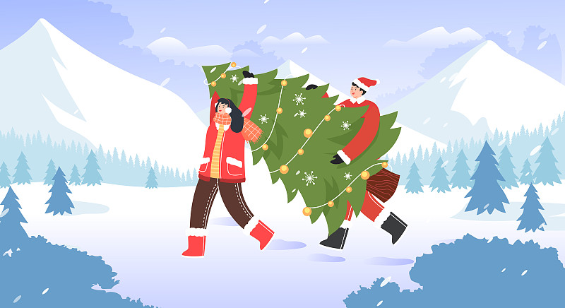 卡通清新圣诞节圣诞树朋友庆祝雪景冬季背景矢量插画下载