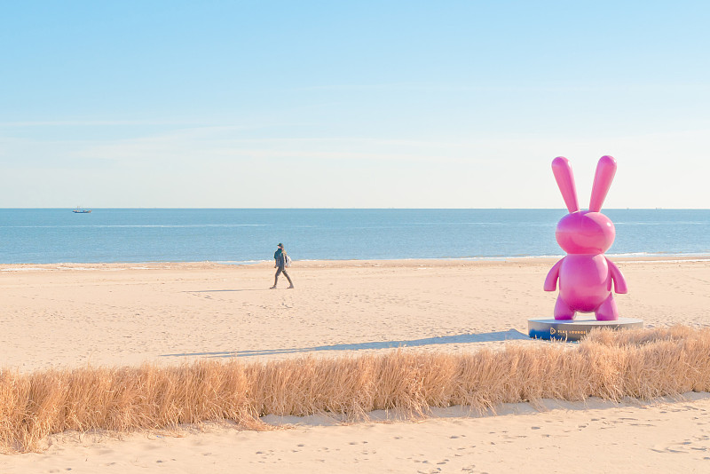 沙滩边行走的一个人和兔子雕塑图片素材