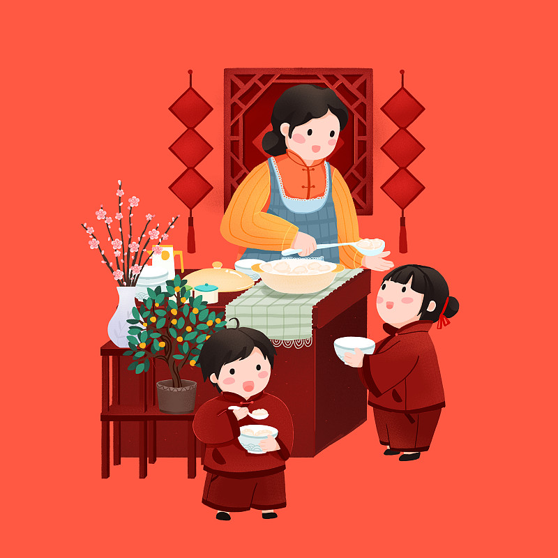年俗大年初五妈妈在厨房给孩子盛饺子吃饺子手绘插画下载